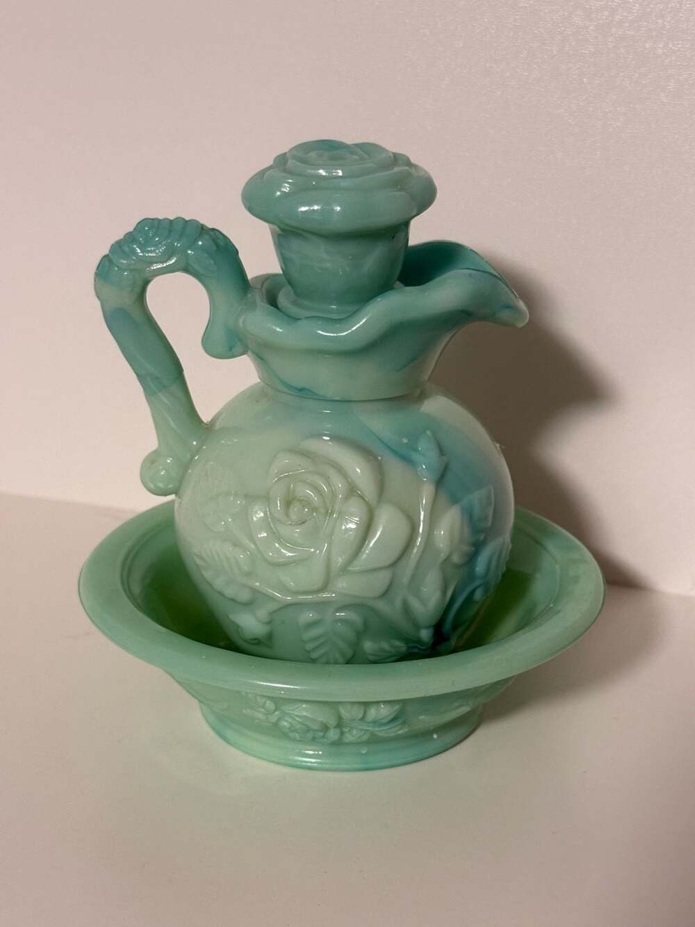 VTG Avon Jadite Glass Aqua Pitcher Bowl Set w/Stopper